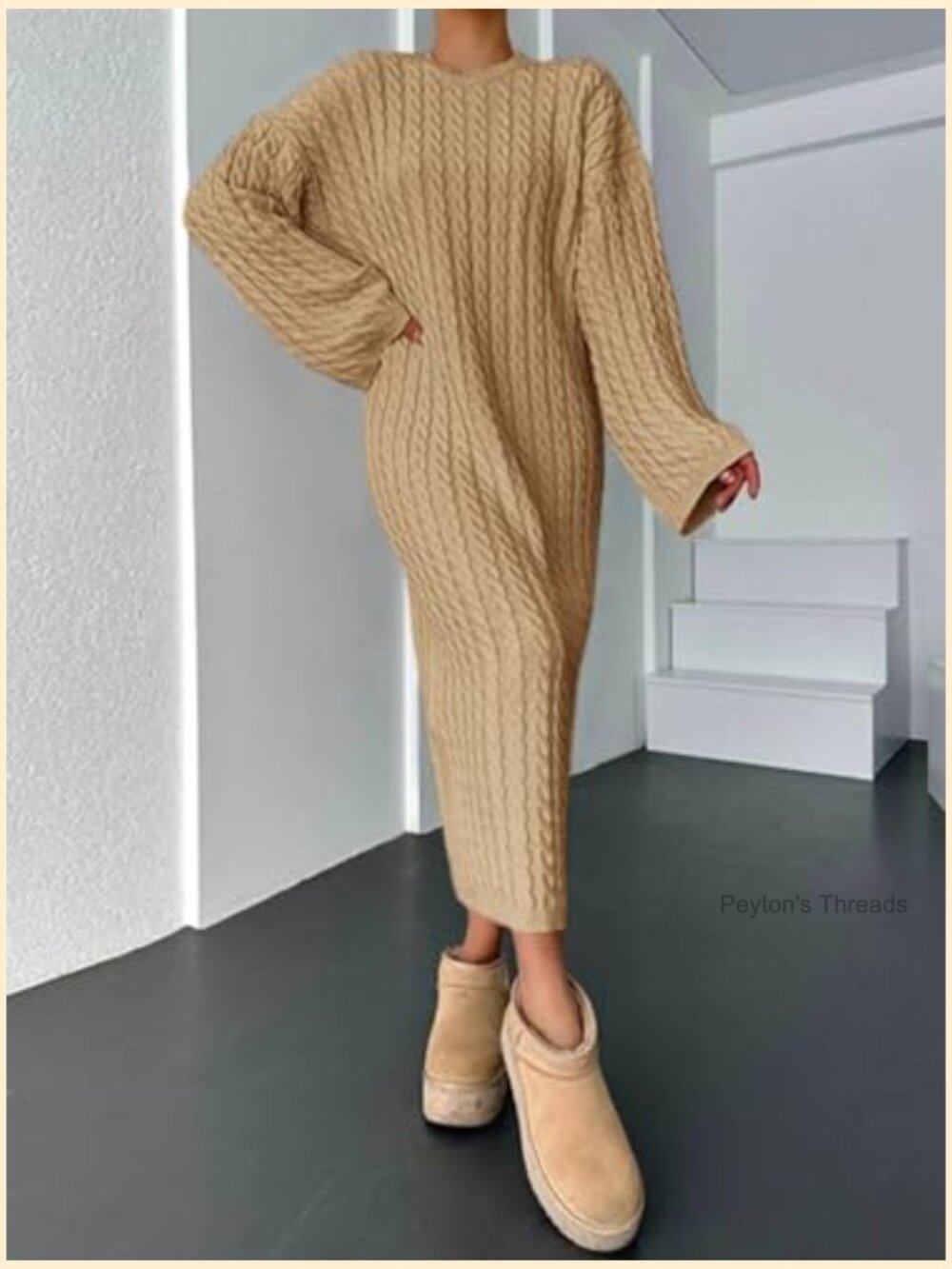 Oversized Cable Knit Sweater Dress Crew Neck Long Sleeve Midi Pullover - Picture 4 of 7